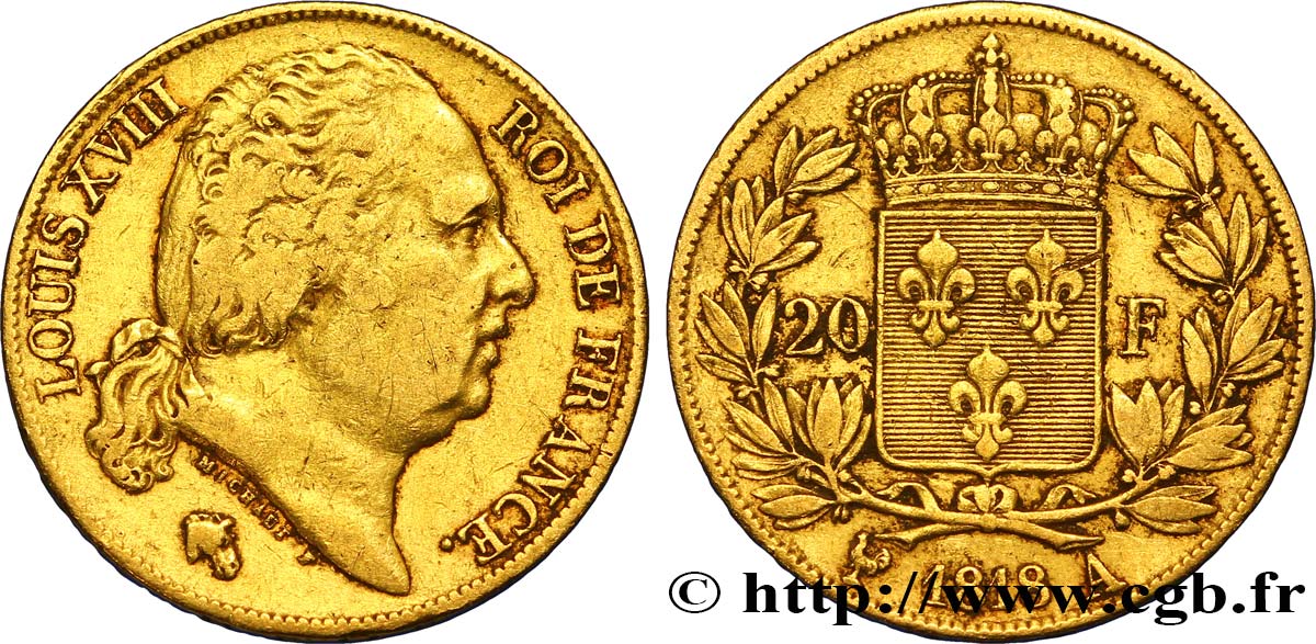 20 francs or Louis XVIII, tête nue 1818 Paris F.519/10 MB35 