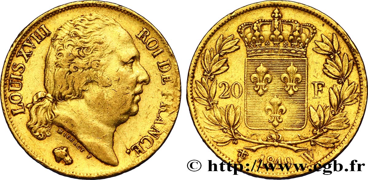 20 francs or Louis XVIII, tête nue 1819 Lille F.519/18 MBC45 