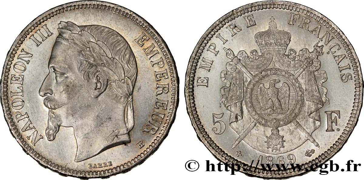 5 francs Napoléon III, tête laurée 1869 Strasbourg F.331/15 SPL58 