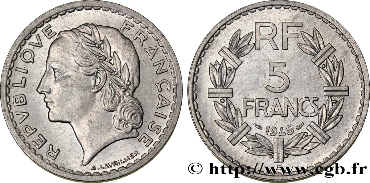 5 francs Lavrillier, aluminium 1945 Beaumont-Le-Roger F.339/4 AU58 
