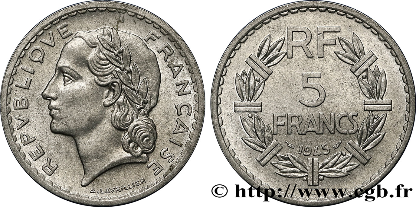 5 francs Lavrillier, aluminium 1945 Castelsarrasin F.339/5 SUP58 