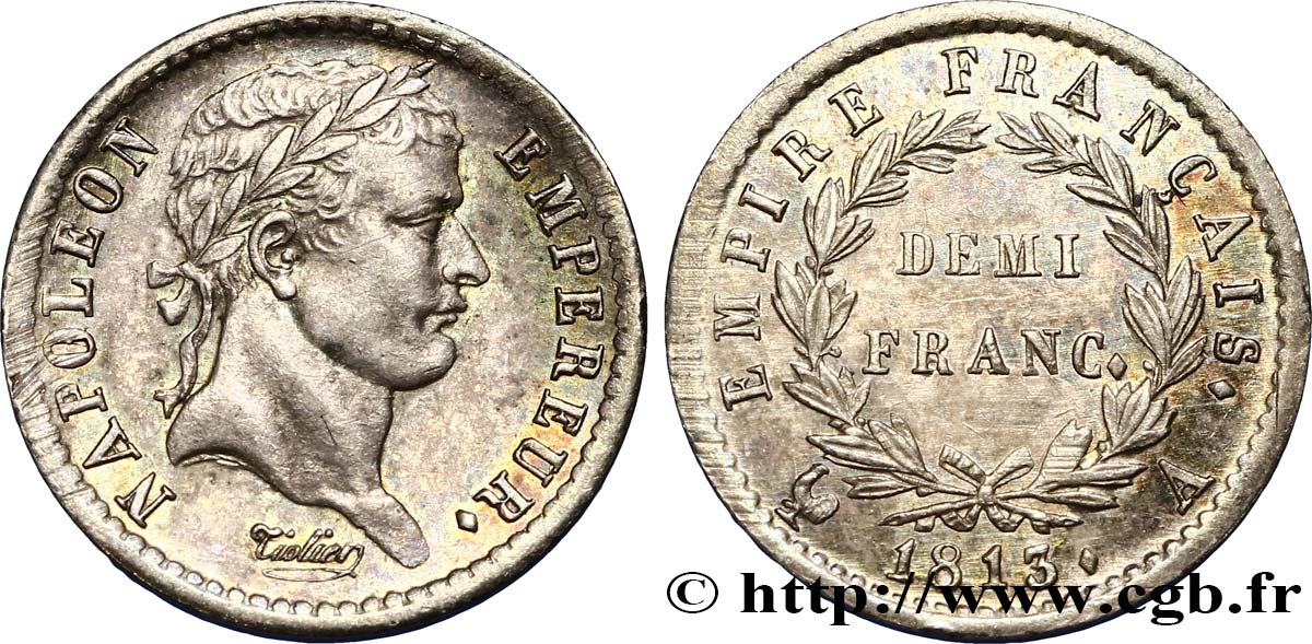 Demi-franc Napoléon Ier tête laurée, Empire français 1813 Paris F.178/49 EBC58 