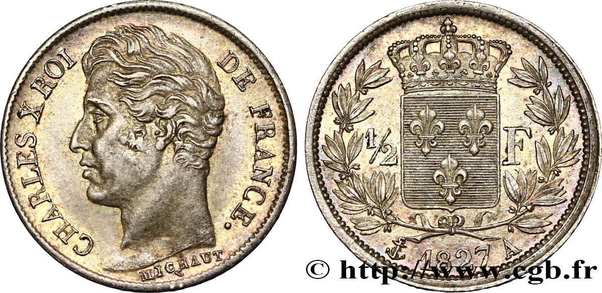 1/2 franc Charles X 1827 Paris F.180/13 MBC54 