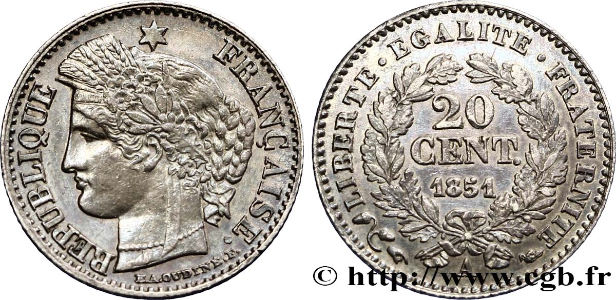 20 centimes Cérès, IIe République 1851 Paris F.146/7 SUP62 