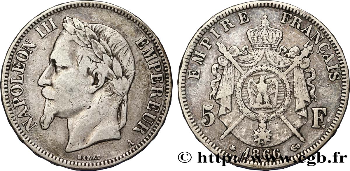 5 francs Napoléon III, tête laurée 1866 Paris F.331/9 S28 