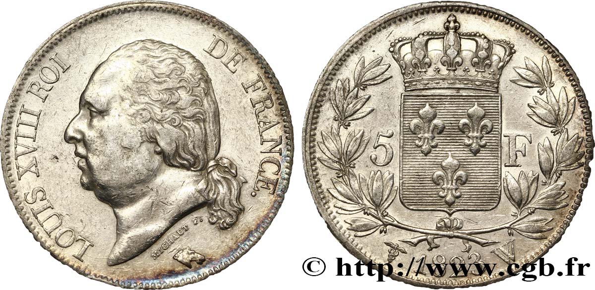 5 francs Louis XVIII, tête nue 1823 Lille F.309/87 TTB45 