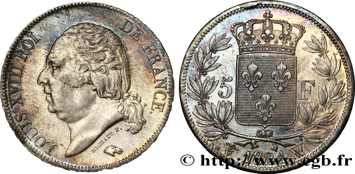 5 francs Louis XVIII, tête nue 1824 Lille F.309/98 AU50 