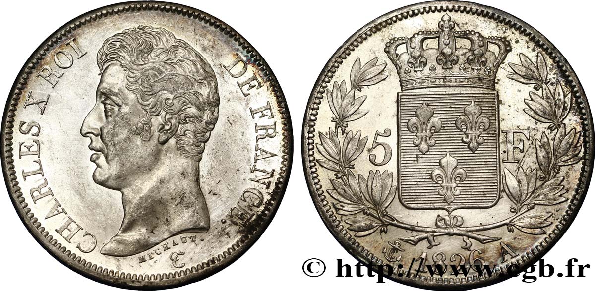 5 francs Charles X, 1er type 1826 Paris F.310/15 AU55 
