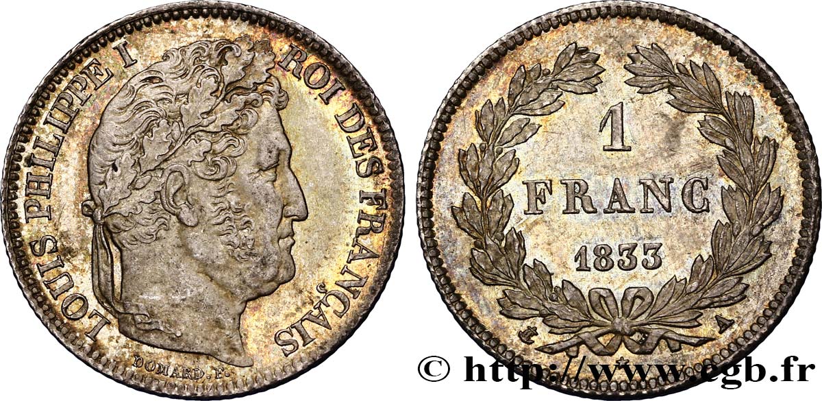 1 franc Louis-Philippe, couronne de chêne 1833 Paris F.210/14 VZ58 