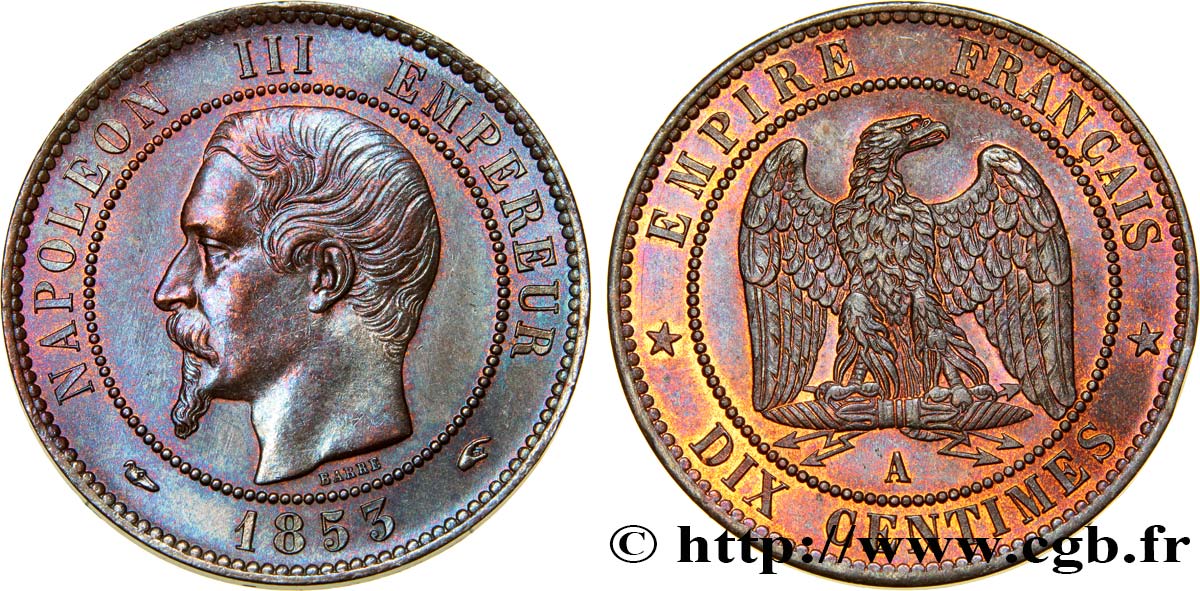 Dix centimes Napoléon III, tête nue 1853 Paris F.133/2 fST64 