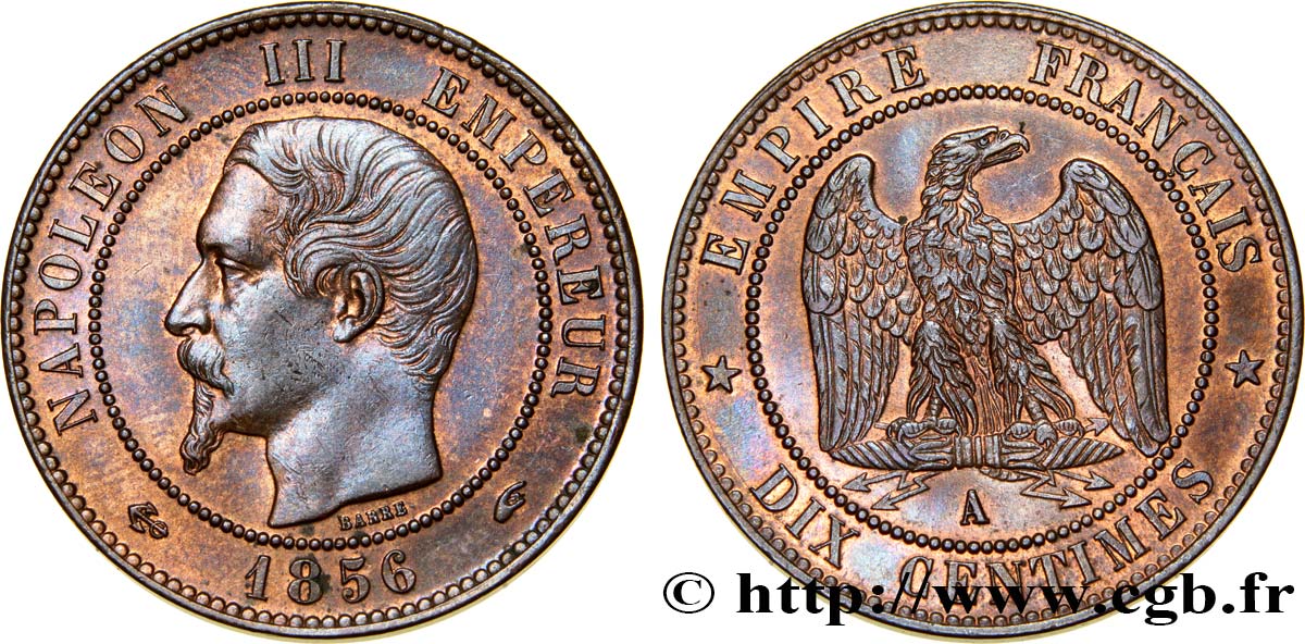 Dix centimes Napoléon III, tête nue 1856 Paris F.133/34 SUP60 