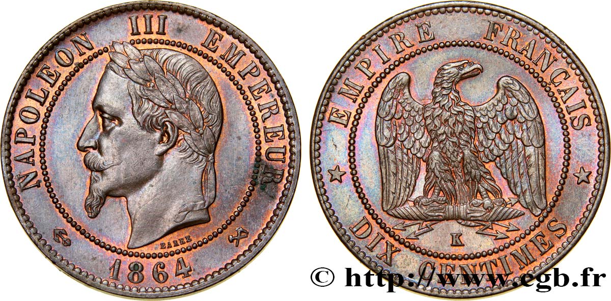 Dix centimes Napoléon III, tête laurée 1864 Bordeaux F.134/15 SPL63 