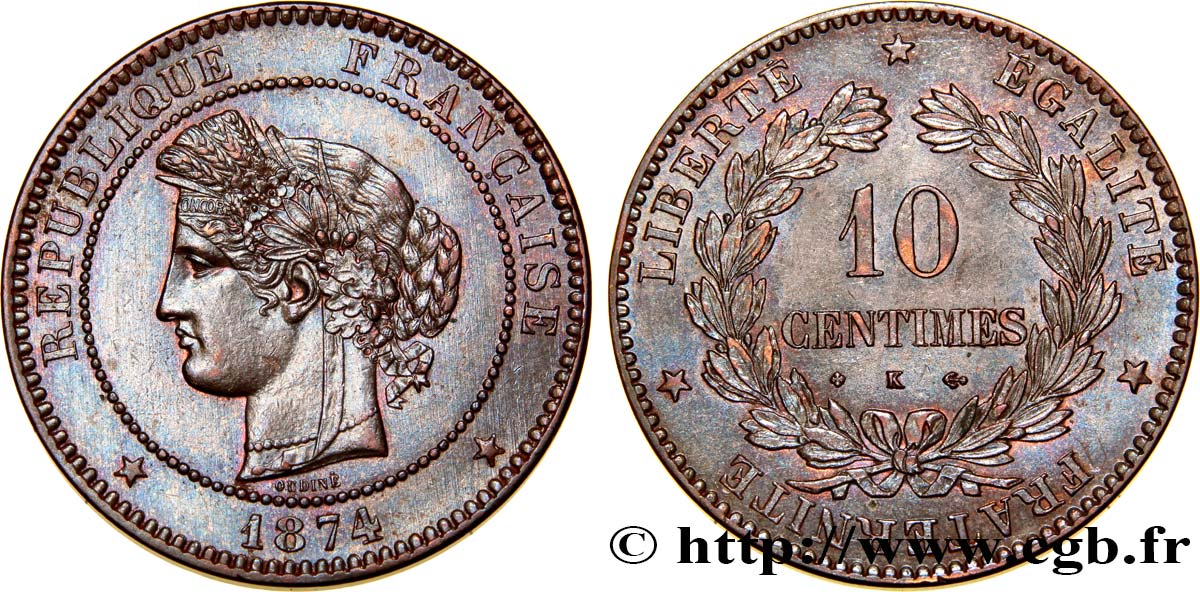 10 centimes Cérès 1874 Bordeaux F.135/13 SUP62 