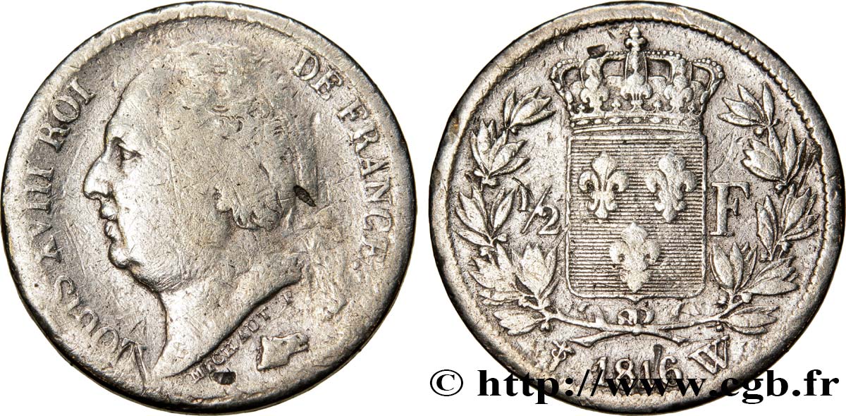 1/2 franc Louis XVIII 1816 Lille F.179/8 TB15 