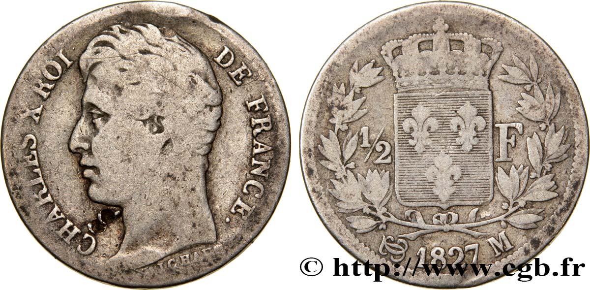 1/2 franc Charles X 1827 Toulouse F.180/21 TB15 