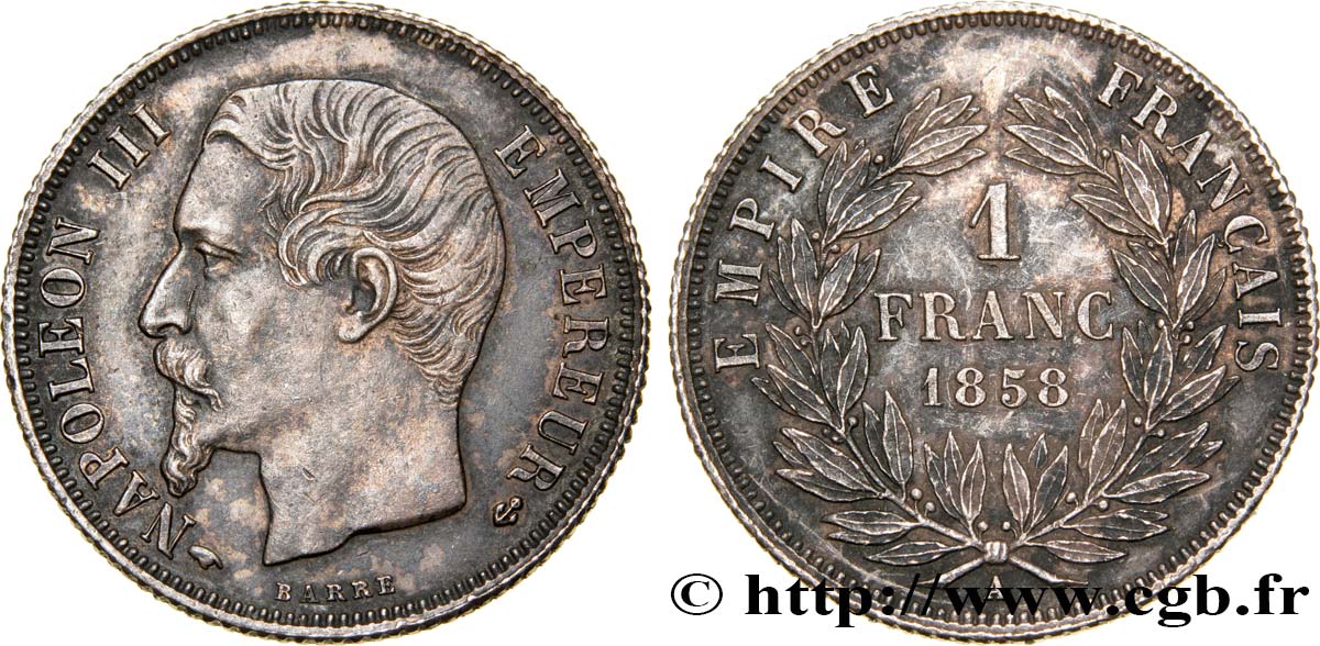 1 franc Napoléon III, tête nue 1858 Paris F.214/11 AU50 