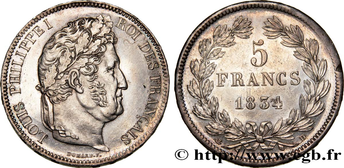 5 francs IIe type Domard 1834 Lyon F.324/32 SPL55 
