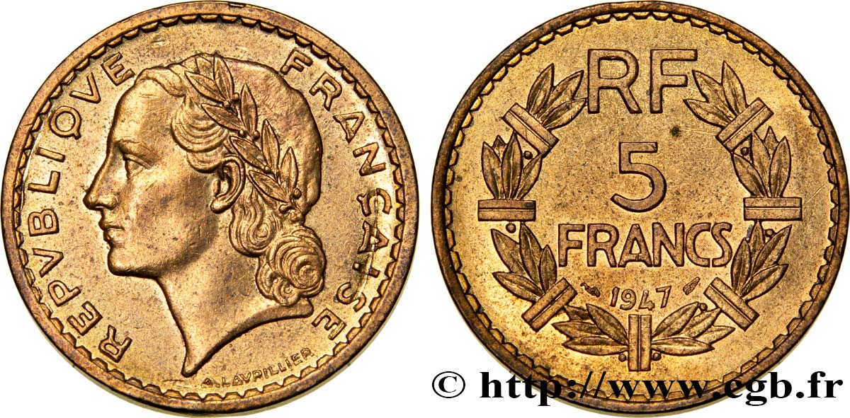 5 francs Lavrillier, bronze-aluminium 1947  F.337/9 TTB53 