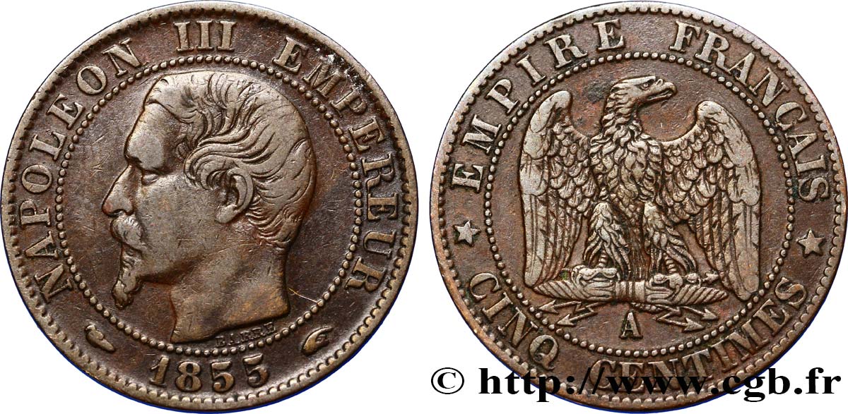 Cinq centimes Napoléon III, tête nue 1855 Paris F.116/16 MBC40 