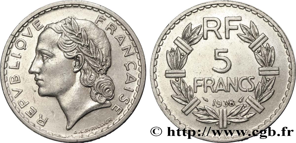5 francs Lavrillier, nickel 1938  F.336/7 TTB53 