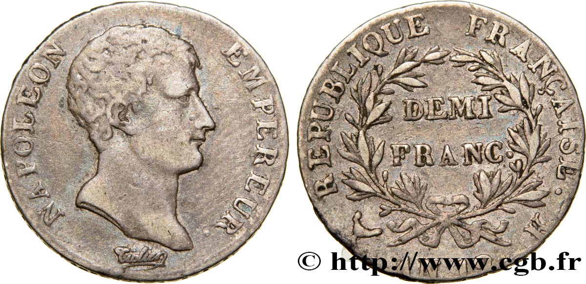 Demi-franc Napoléon Empereur, Calendrier révolutionnaire 1804 Bordeaux F.174/6 VF30 