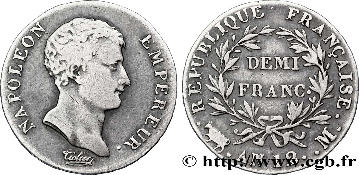 Demi-franc Napoléon Empereur, Calendrier révolutionnaire 1804 Toulouse F.174/8 BC30 