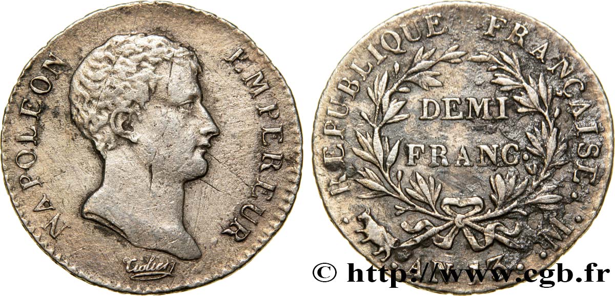 Demi-franc Napoléon Empereur, Calendrier révolutionnaire 1805 Toulouse F.174/19 TB35 