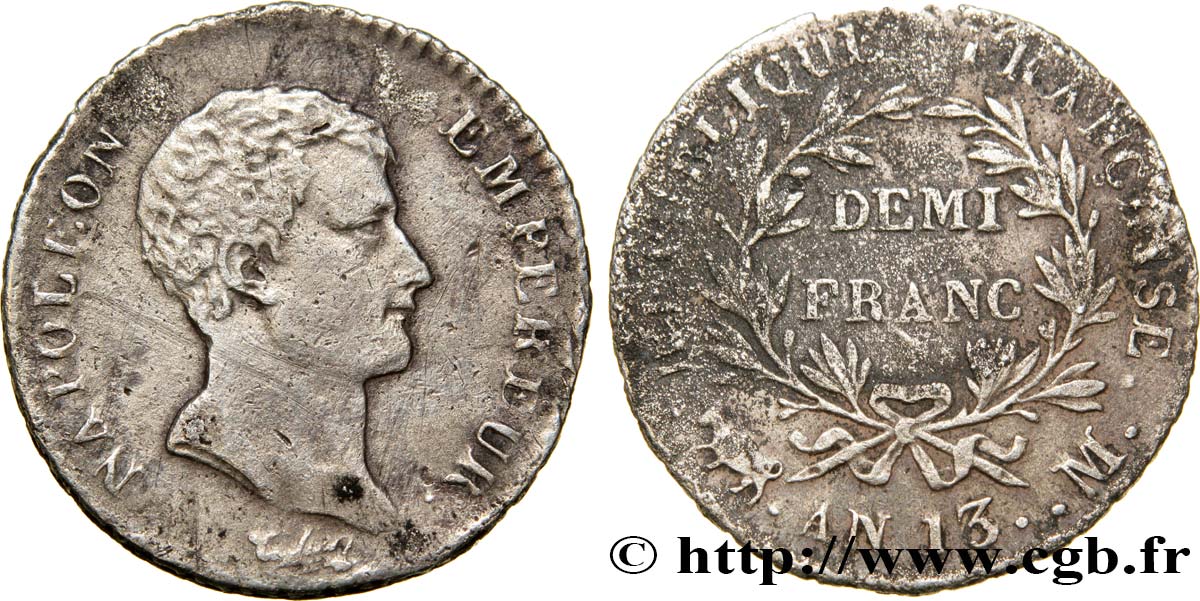 Demi-franc Napoléon Empereur, Calendrier révolutionnaire 1805 Toulouse F.174/20 MBC45 