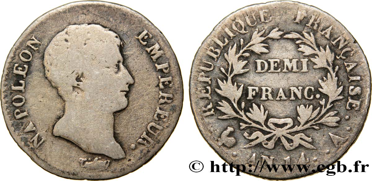 Demi-franc Napoléon Empereur, Calendrier révolutionnaire 1805 Paris F.174/26 RC13 
