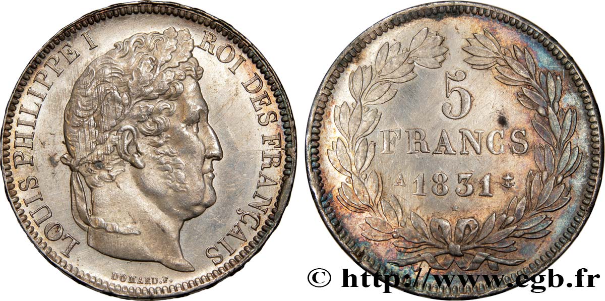 5 francs Ier type Domard, tranche en relief 1831 Paris F.320/1 MBC 