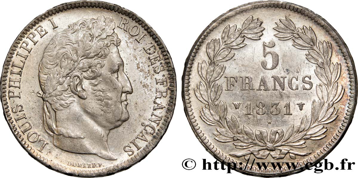 5 francs Ier type Domard, tranche en relief 1831 Lille F.320/13 XF48 