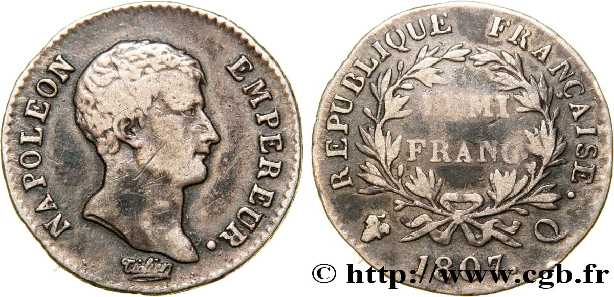 Demi-franc Napoléon Empereur, Calendrier grégorien 1807 Perpignan F.175/10 VF30 
