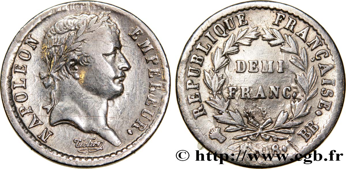 Demi-franc Napoléon Ier tête laurée, République française, buste fort 1808 Strasbourg F.177/4 TTB40 