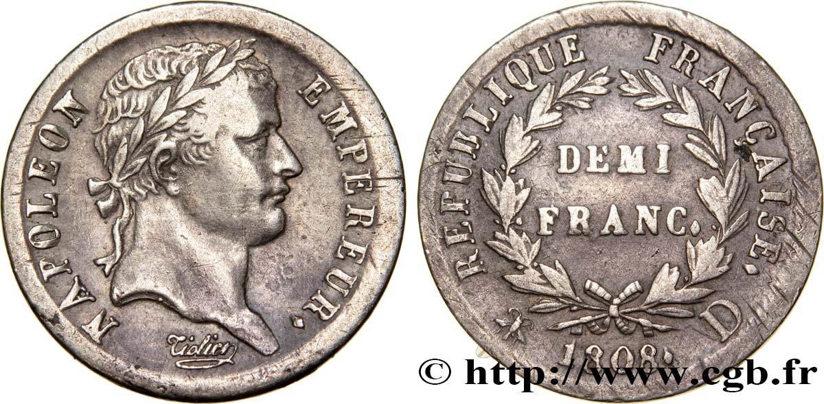 Demi-franc Napoléon Ier tête laurée, République française, buste fort 1808 Lyon F.177/5 MBC40 