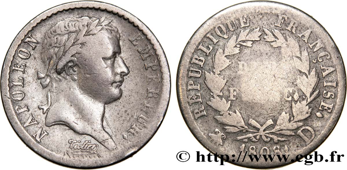 Demi-franc Napoléon Ier tête laurée, République française, buste fort 1808 Lyon F.177/5 BC15 