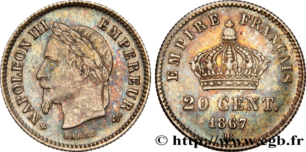 20 centimes Napoléon III, tête laurée, grand module 1867 Strasbourg F.150/2 TTB50 
