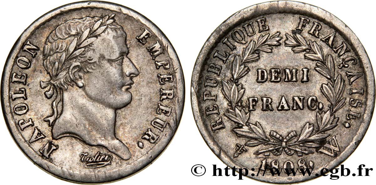 Demi-franc Napoléon Ier tête laurée, République française, buste fort 1808 Lille F.177/16 S35 