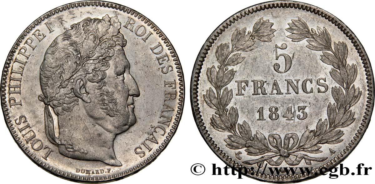 5 francs IIe type Domard 1843 Paris F.324/100 AU52 