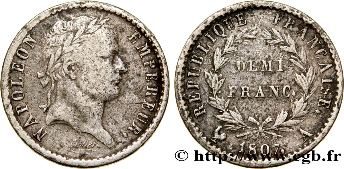 Demi-franc Napoléon Ier tête laurée, République française, buste fin 1807 Paris F./ TB25 