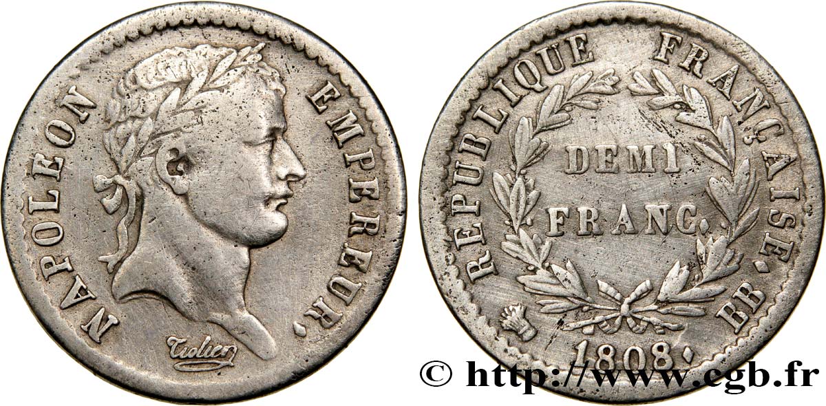 Demi-franc Napoléon Ier tête laurée, République française, buste fin 1808 Strasbourg F.177/4 SS42 