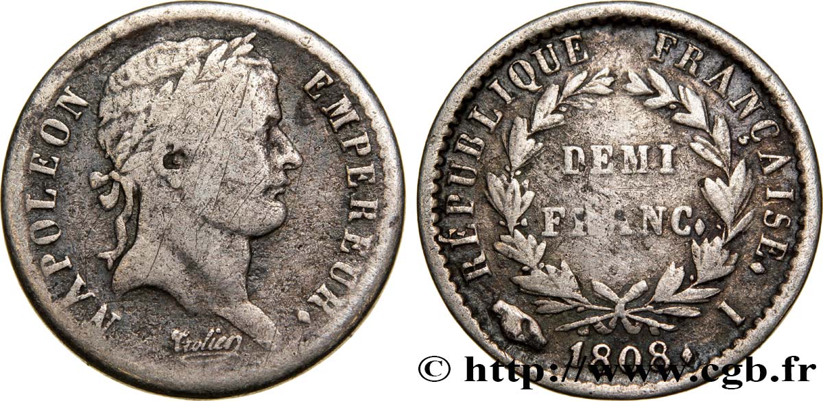 Demi-franc Napoléon Ier tête laurée, République française, buste fin 1808 Limoges F.177/8 TB15 