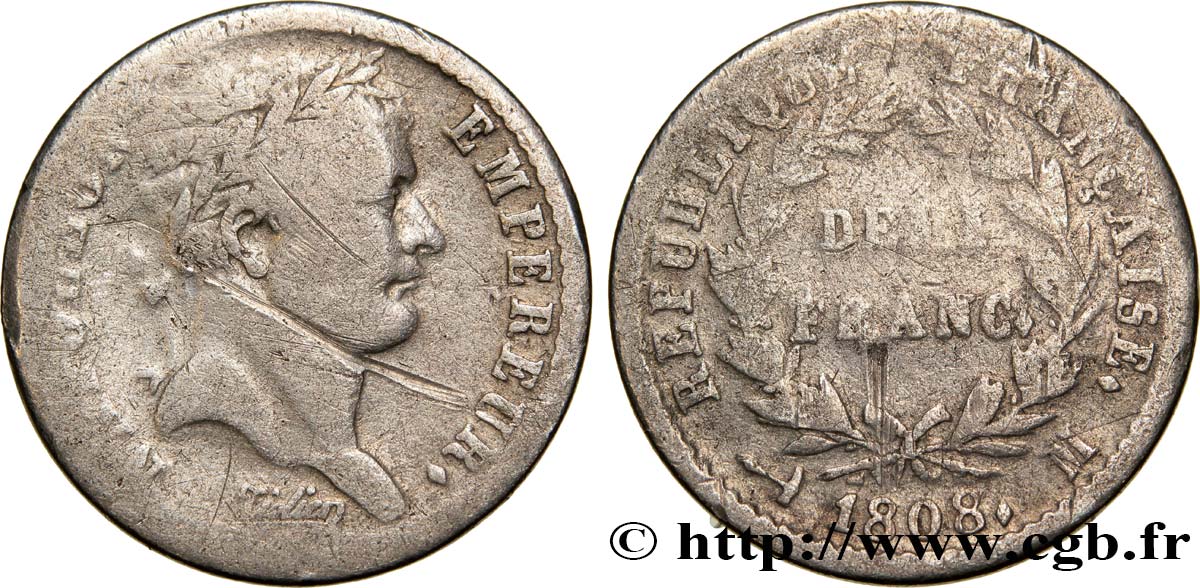 Demi-franc Napoléon Ier tête laurée, République française, buste fin 1808 Toulouse F./ B10 