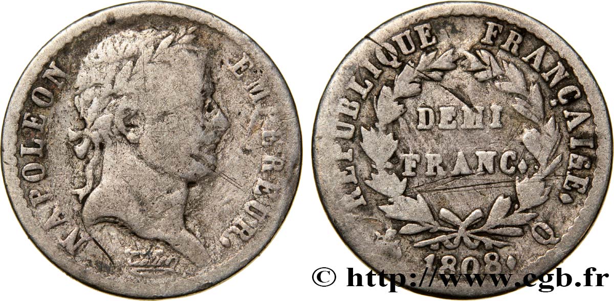 Demi-franc Napoléon Ier tête laurée, République française, buste fin 1808 Perpignan F.177/13 BC15 