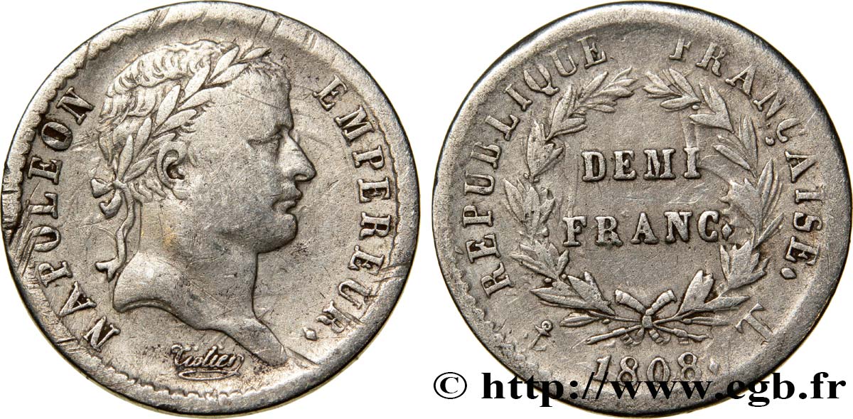 Demi-franc Napoléon Ier tête laurée, République française, buste fin 1808 Nantes F.177/14 BC30 