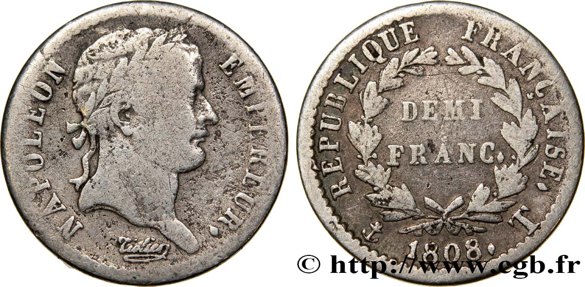 Demi-franc Napoléon Ier tête laurée, République française, buste fin 1808 Nantes F.177/14 S15 