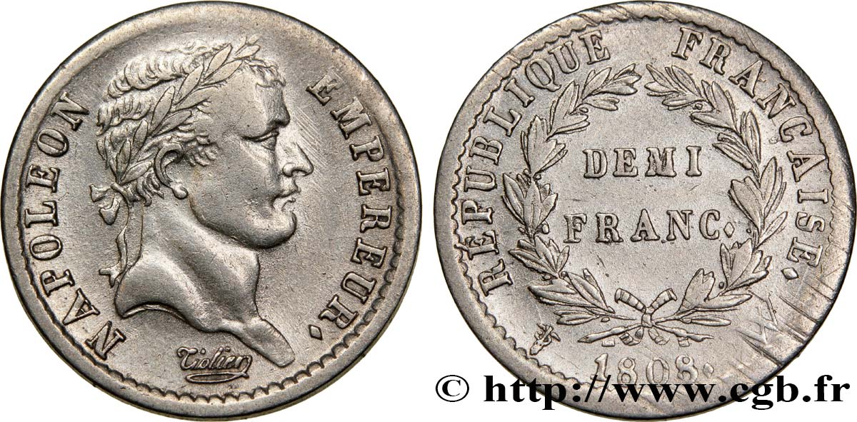 Demi-franc Napoléon Ier tête laurée, République française, buste fin 1808 Lille F.177/16 VF35 