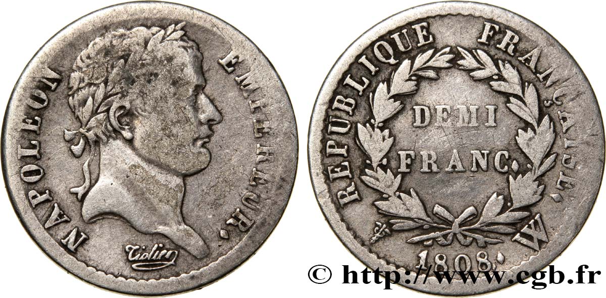 Demi-franc Napoléon Ier tête laurée, République française, buste fin 1808 Lille F.177/16 S20 