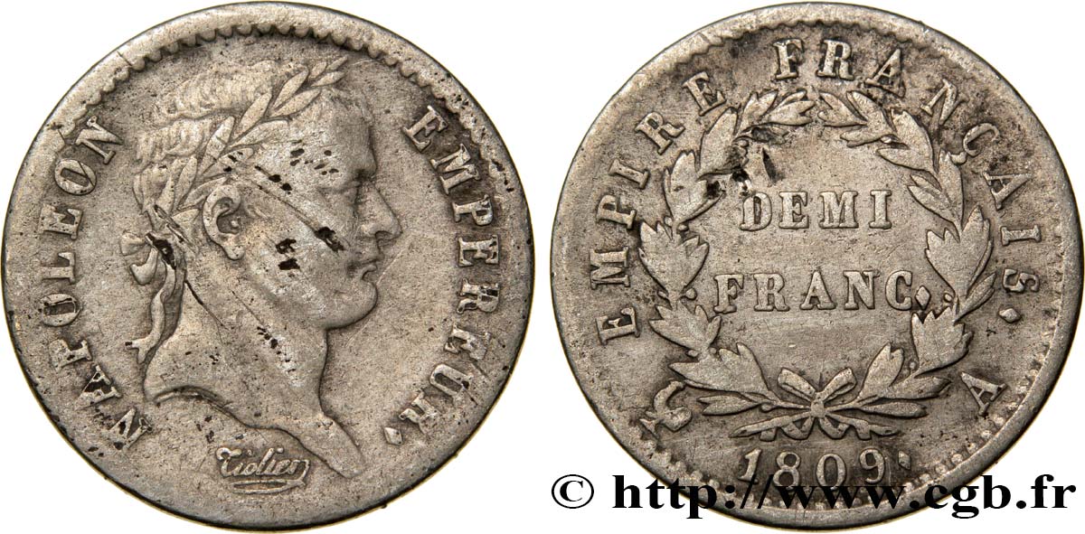 Demi-franc Napoléon Ier tête laurée, Empire français 1809 Paris F.178/1 MB25 