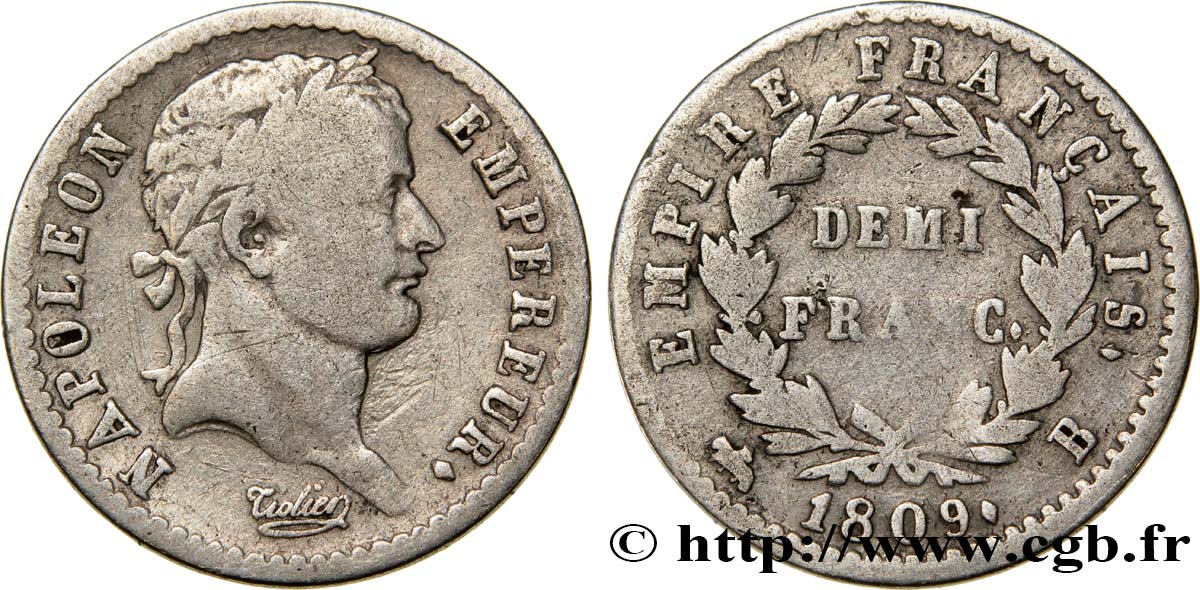 Demi-franc Napoléon Ier tête laurée, Empire français 1809 Rouen F.178/2 RC13 