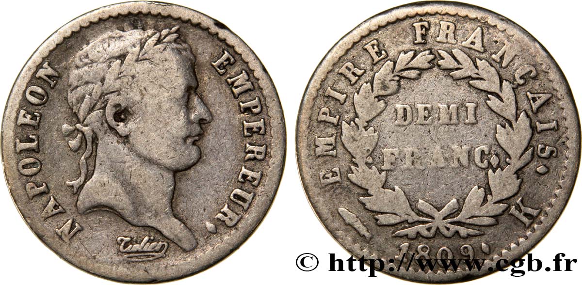 Demi-franc Napoléon Ier tête laurée, Empire français 1809 Bordeaux F.178/4 S20 